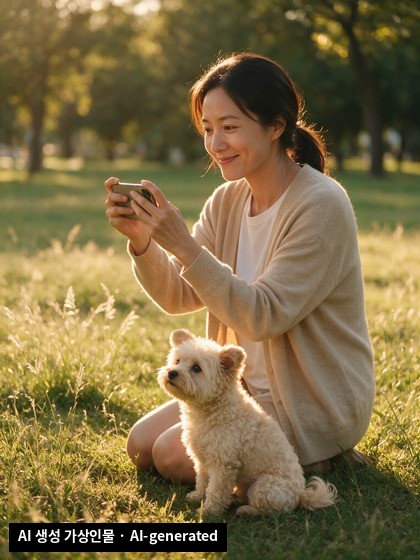 A woman photographing her small dog on a sunlit lawn