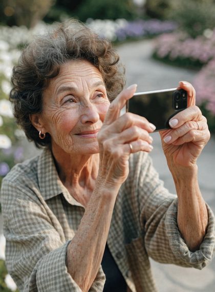 Seniorka, která si telefonem radostně fotí květiny